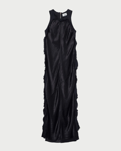 Black evening gown with a draped design on a white background