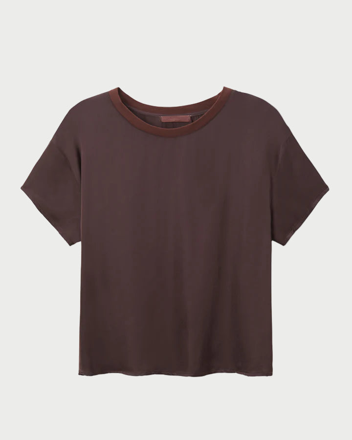 The Delphine Satin Crewneck Tee in Cocoa by perfectwhitetee is a plain, short-sleeve viscose top featuring a slightly lighter brown crew neckline, shown against a white background.