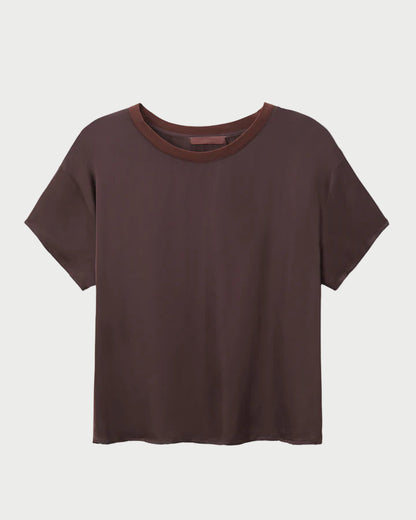The Delphine Satin Crewneck Tee in Cocoa by perfectwhitetee is a plain, short-sleeve viscose top featuring a slightly lighter brown crew neckline, shown against a white background.
