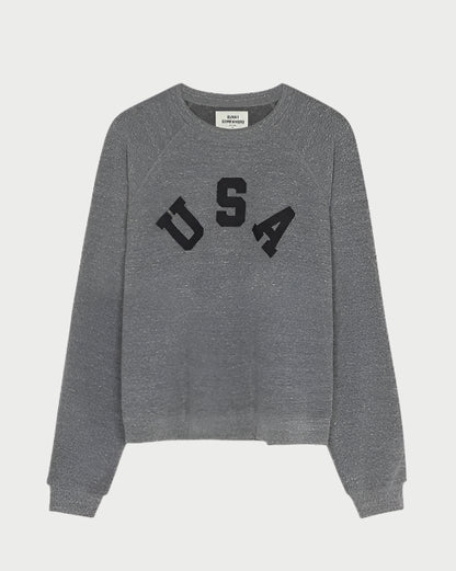 The Sunny Somewhere USA Raglan Crew is a heather grey, long-sleeve fleece sweatshirt with bold "USA" varsity lettering across the chest, inspired by vintage college styles and shown on a plain white background.