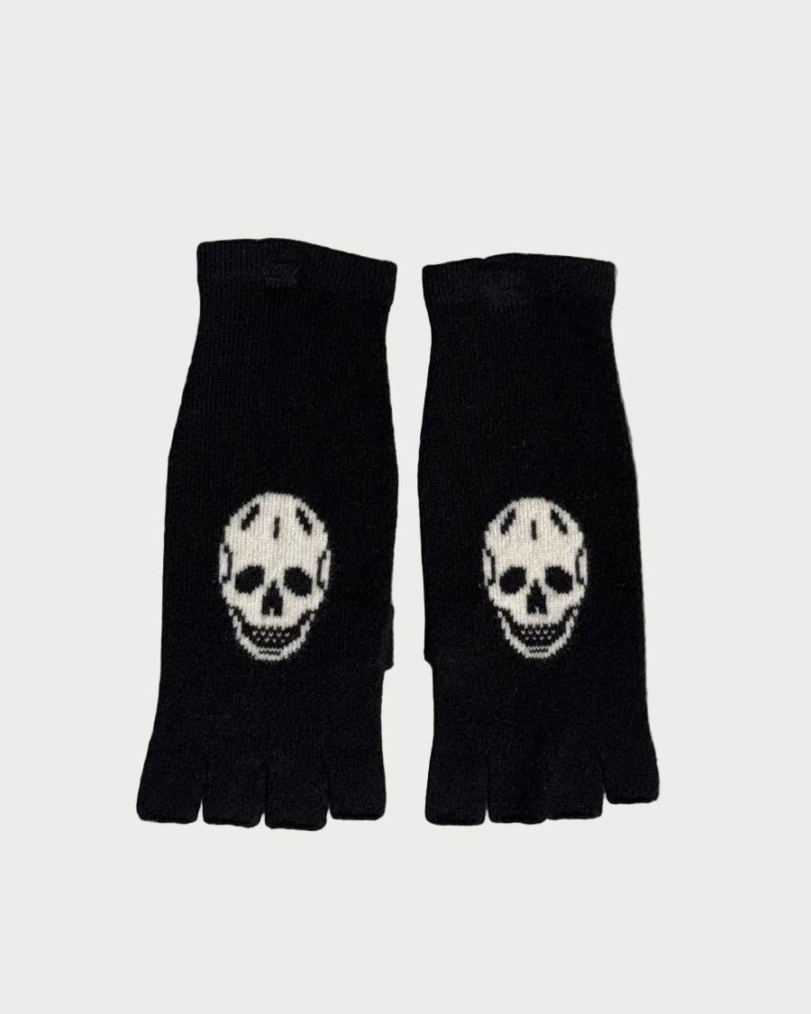 Black fingerless gloves with skull designs on a light gray background
