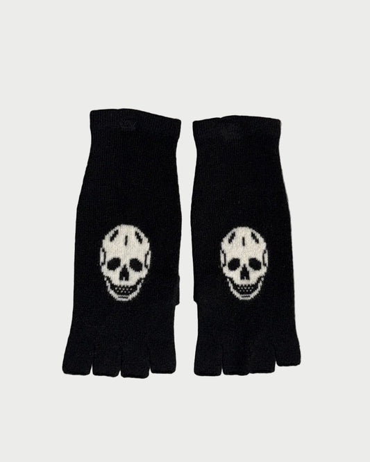 Black fingerless gloves with skull designs on a light gray background