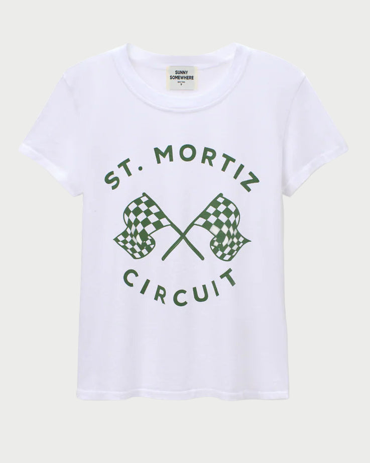 White t-shirt with 'St. Mortiz Circuit' text and checkered flag design on a white background