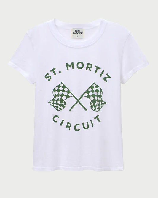 White t-shirt with 'St. Mortiz Circuit' text and checkered flag design on a white background