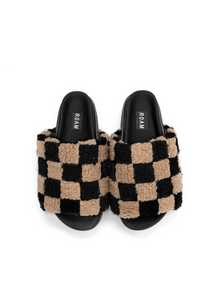 Roam checkered tan and black slides, available at west2westport.com