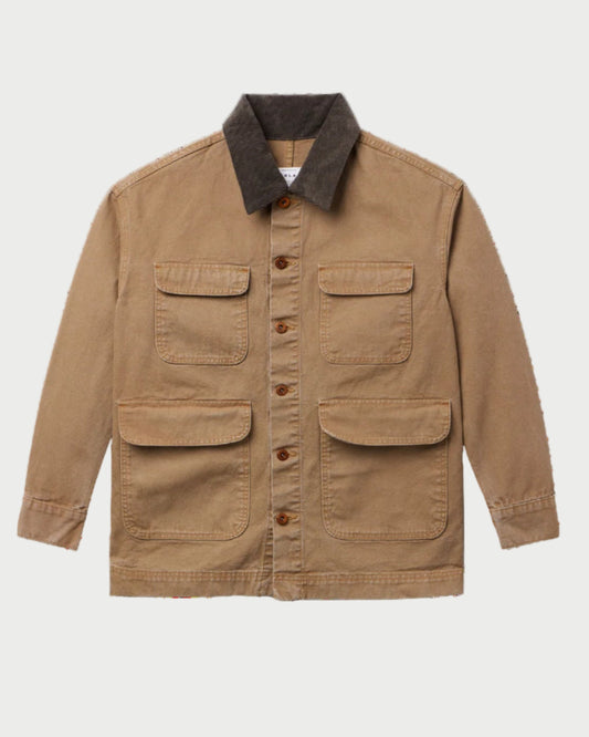 Brown jacket with a dark collar on a light gray background