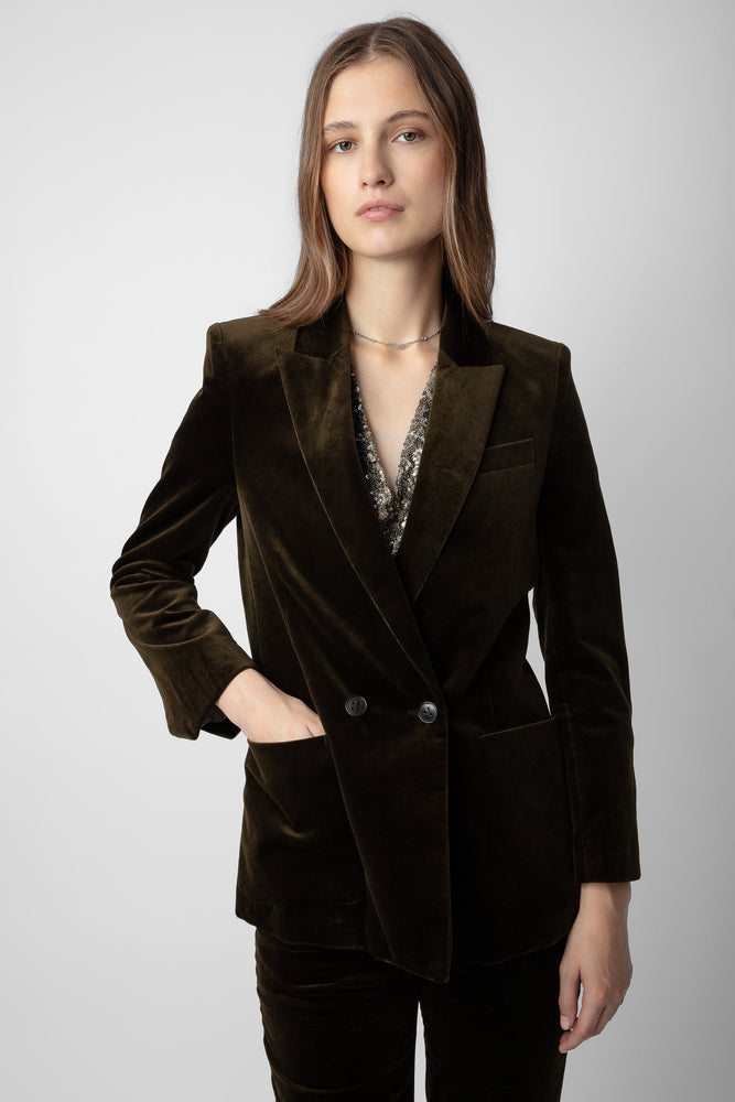 Olive Green velvet Blazer, perfect for Fall holidays,, available at west2westport.com
