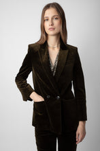 Load image into Gallery viewer, Olive Green velvet Blazer, perfect for Fall holidays,, available at west2westport.com
