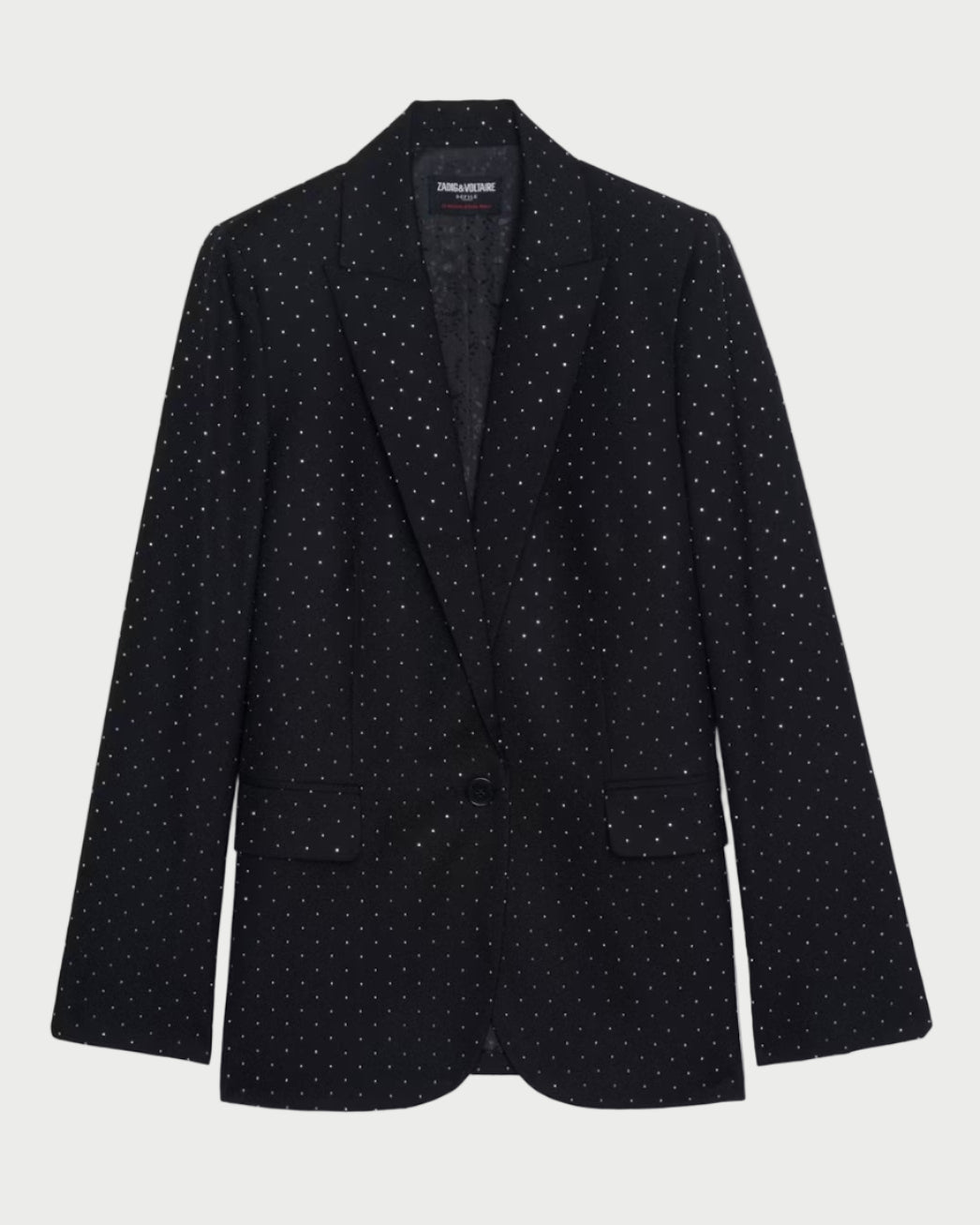 Black blazer with subtle pattern on a white background