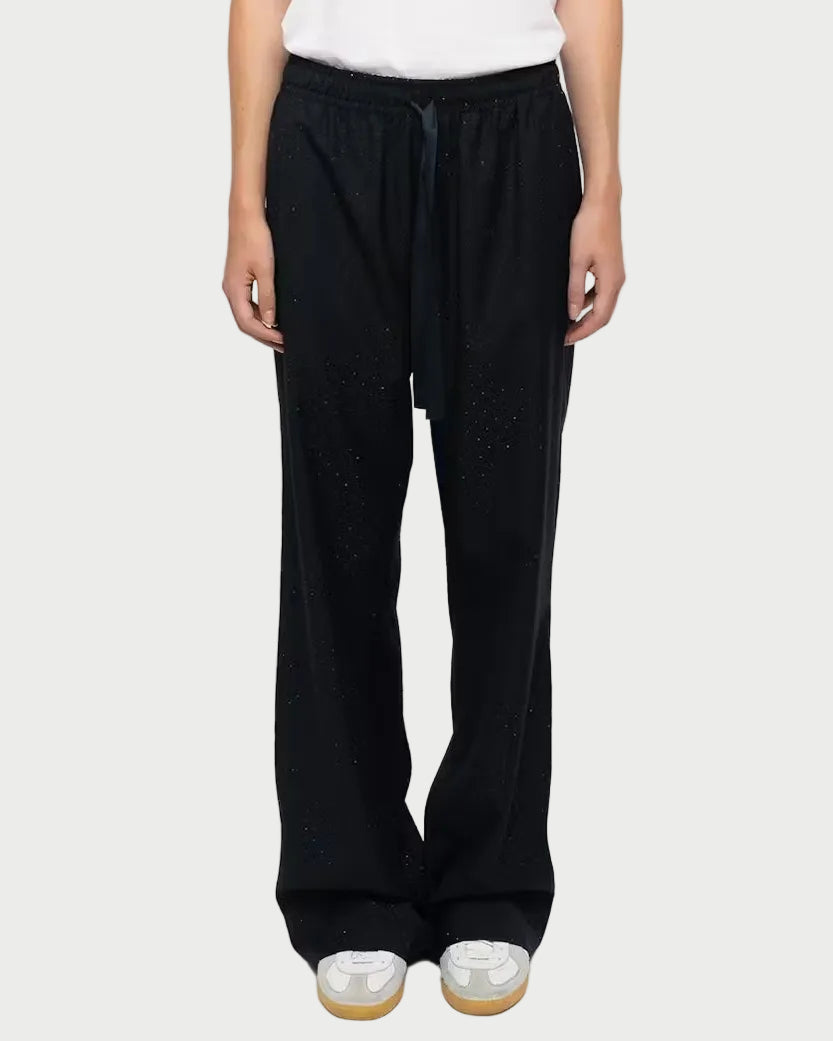 Black Zadig & Voltaire Poma Pants in a wide-leg fit with an elastic drawstring waist and subtle rhinestone embellishments.