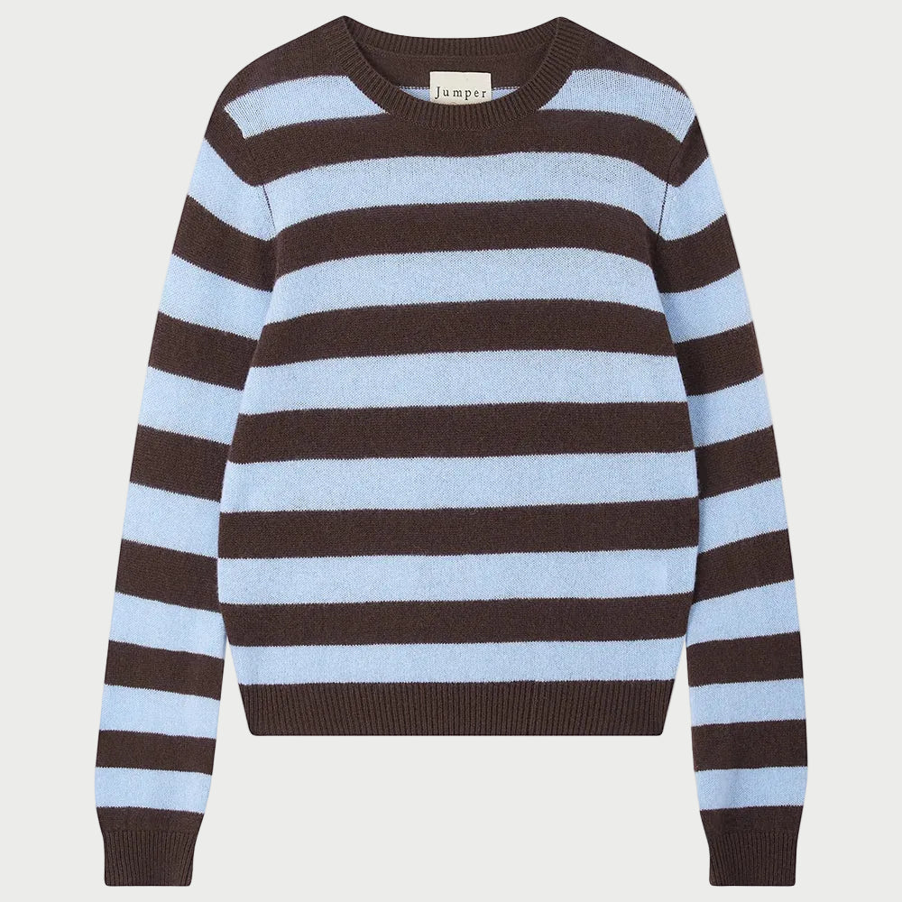 Experience the JUMPER1234 Cashmere Stripe Crew, a long-sleeve lightweight sweater designed with horizontal light blue and dark brown stripes, featuring a classic crew neck and the signature JUMPER1234 label.