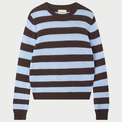 Experience the JUMPER1234 Cashmere Stripe Crew, a long-sleeve lightweight sweater designed with horizontal light blue and dark brown stripes, featuring a classic crew neck and the signature JUMPER1234 label.