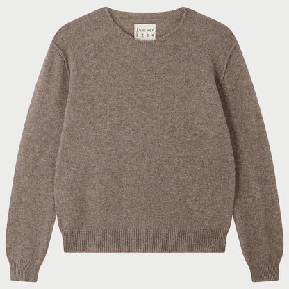 JUMPER 1234 Distressed Cashmere Crew Moose in brown: a relaxed-fit long-sleeved crewneck sweater with distressed ribbed cuffs and hem.