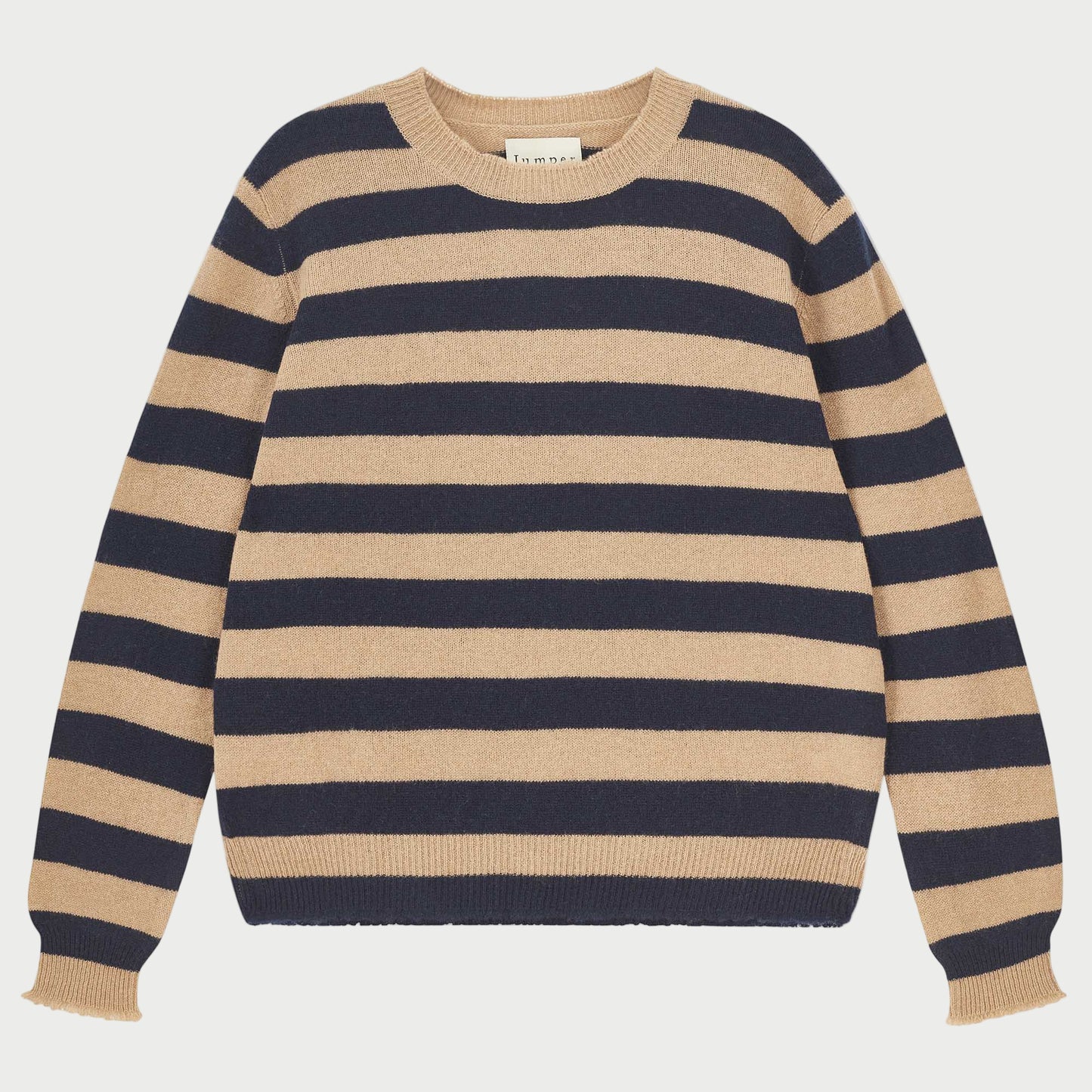 Beige and navy striped sweater on a white background