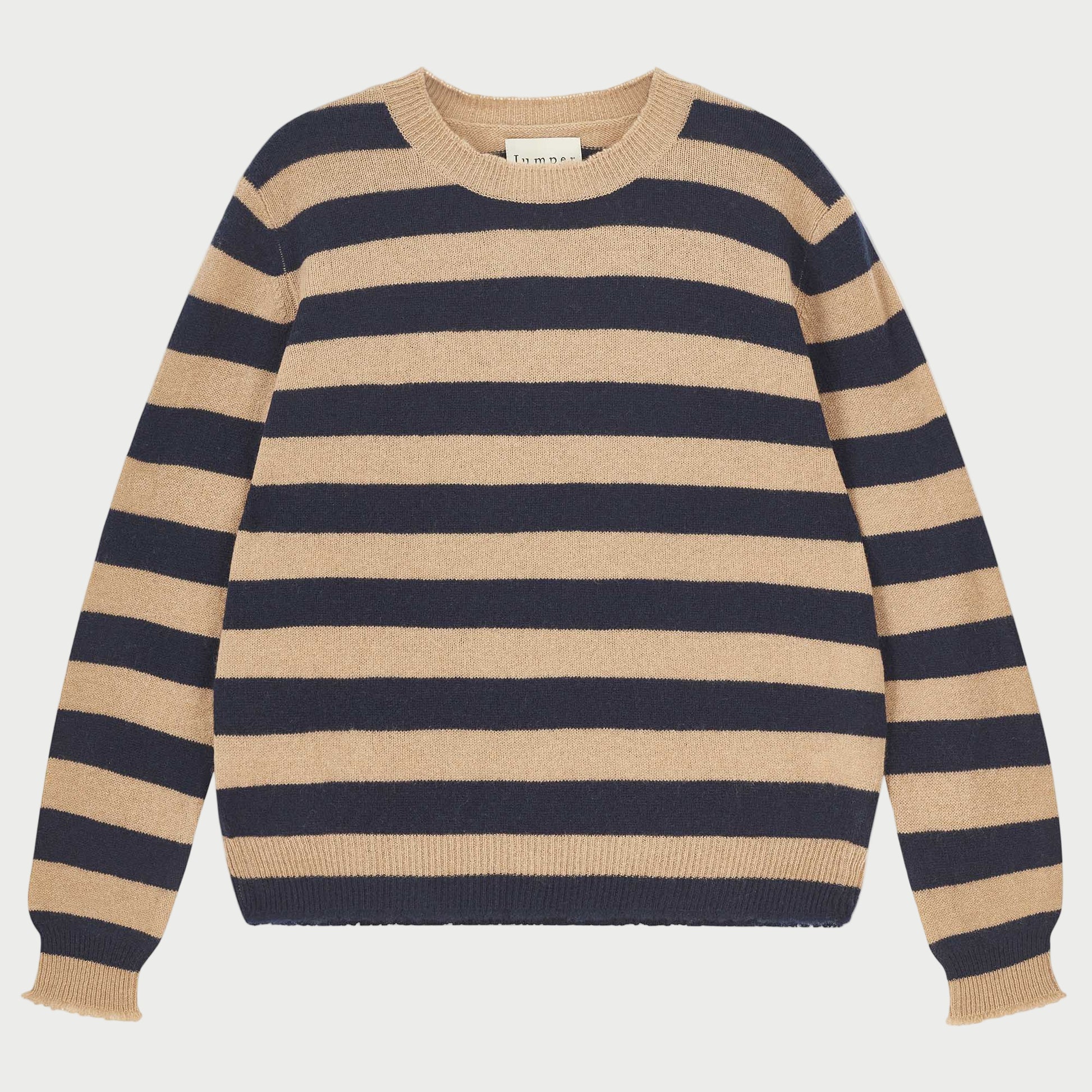 Beige and navy striped sweater on a white background