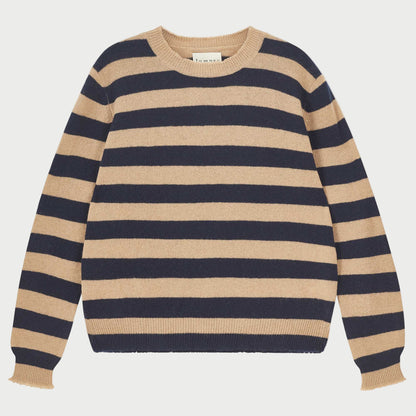 Beige and navy striped sweater on a white background