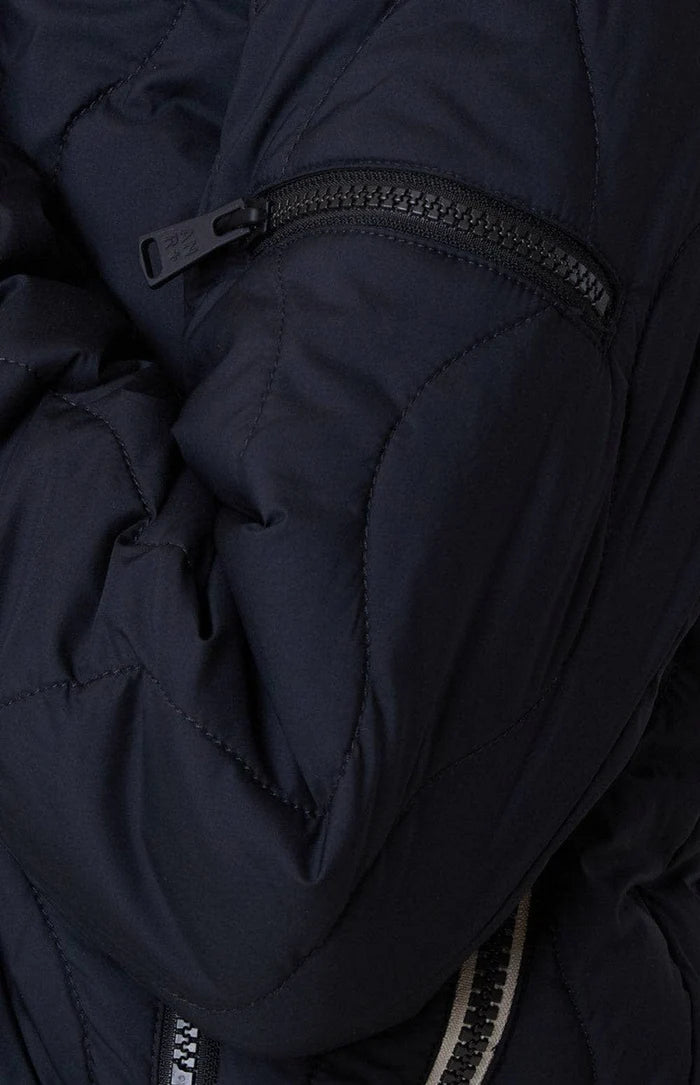 Close-up of a dark blue jacket with a zipper detail