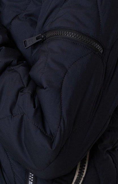 Close-up of a dark blue jacket with a zipper detail