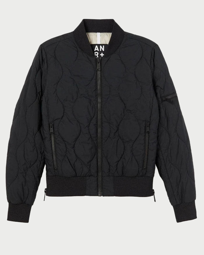 Black quilted jacket on a white background