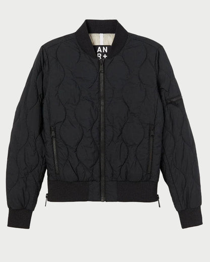 Black quilted jacket on a white background