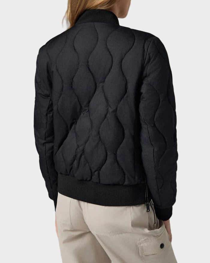 Person wearing a black quilted jacket on a plain background