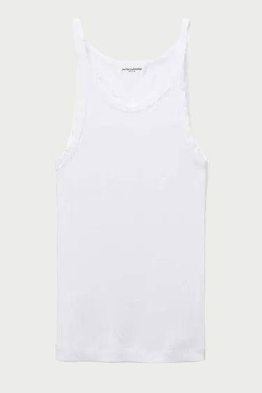 White tank top with brand logo on a white background