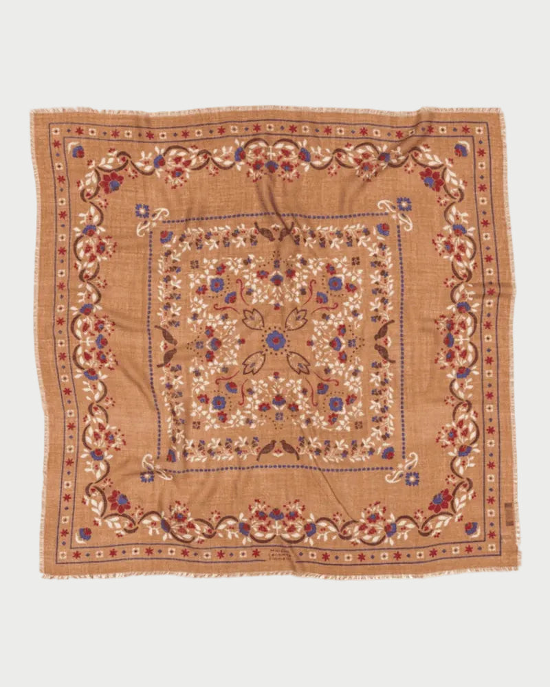 Beige square scarf with floral patterns on a white background
