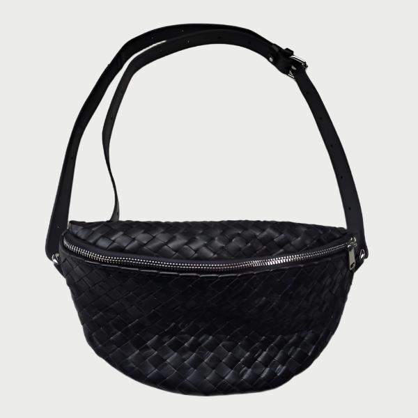 A Woven Crossbody Bag by Mauritius, made from vegetable-tanned cow leather in black, showcasing a woven design with an adjustable strap and zipper closure.