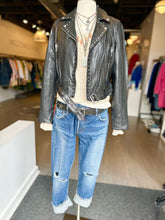 Load image into Gallery viewer, black studded moto jacket with moussy jeans and one grey day cashmere jacket at west2westport.com