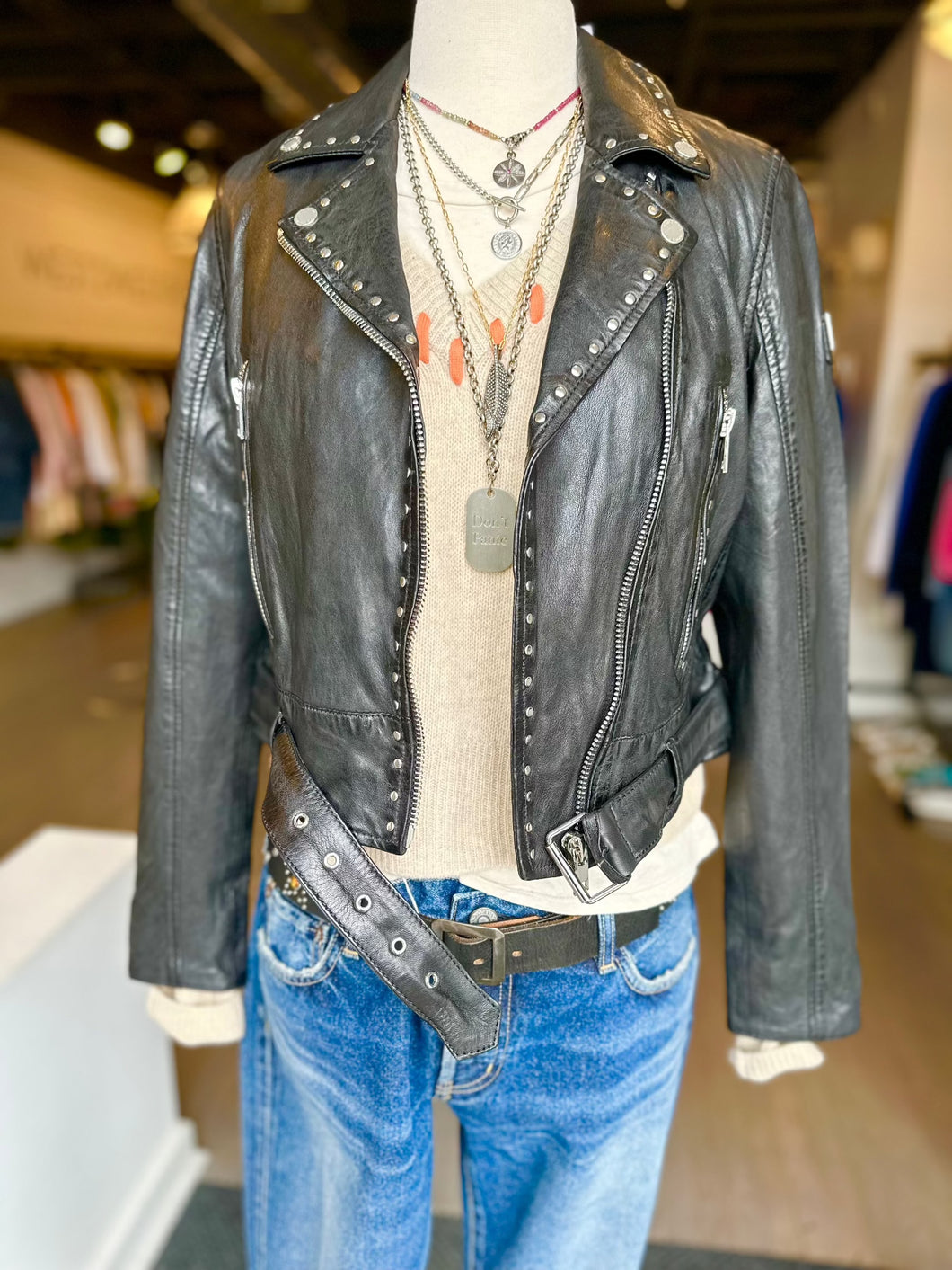 Don't Panic necklace with black leather moto jacket and moussy jeans at west2westport.com