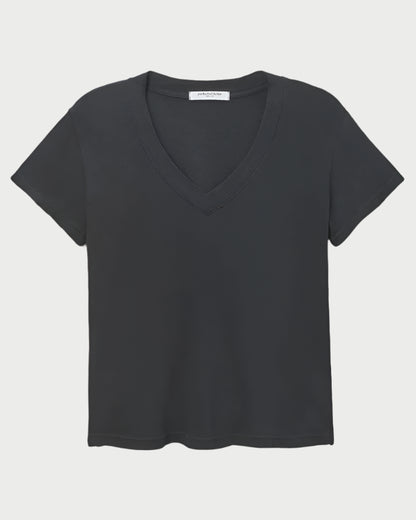 The Hendrix Basic V-Neck T-Shirt in Black by perfectwhitetee is the ideal wardrobe staple, featuring a simple black design with short sleeves and displayed against a light background.