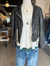 Load image into Gallery viewer, cropped vintage leather jacket with silk cami, moussy jeans, dylan james jewelry and b.belt belt at westport ct women&#39;s clothing store WEST and online at west2westport.com