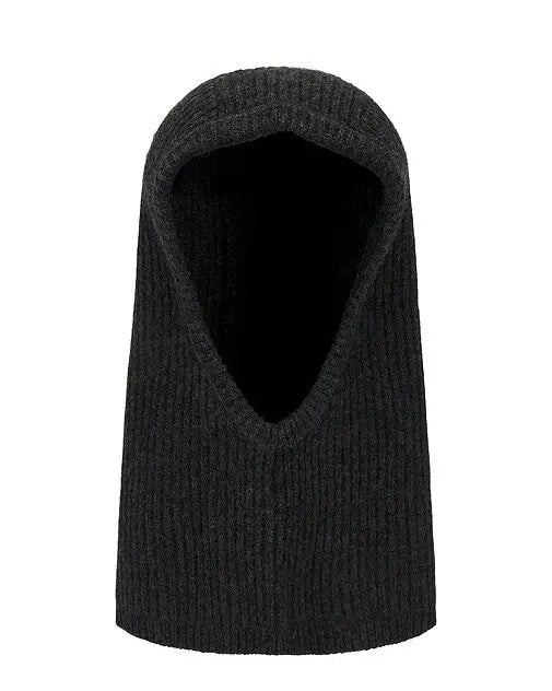 The Herskind Cashmere Balaclava by Herskind is a minimalist black ribbed knit hood with a wide V-shaped face opening, shown upright on a white background.