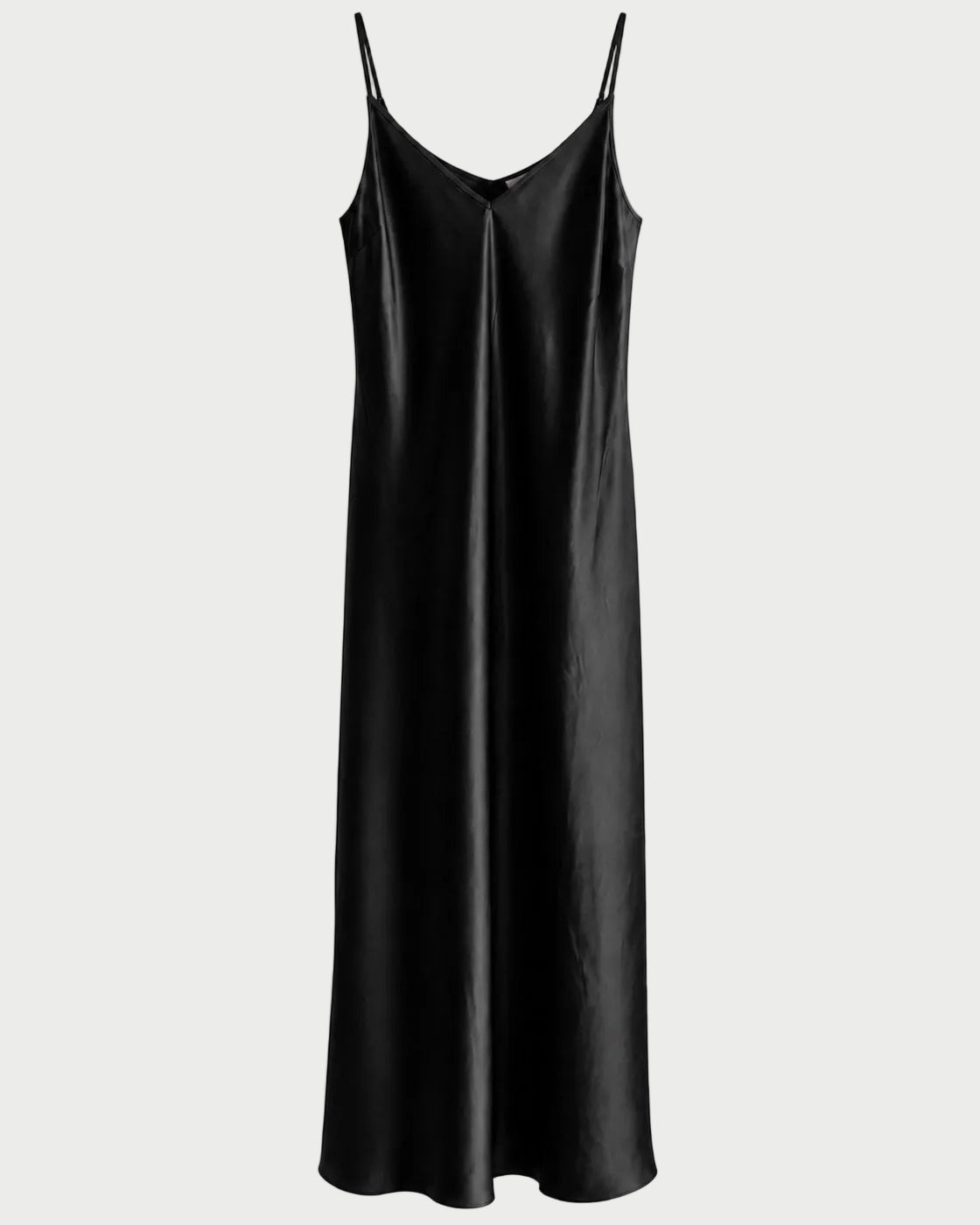 A black satin slip dress with thin spaghetti straps and a V-neckline, shown against a plain white background.