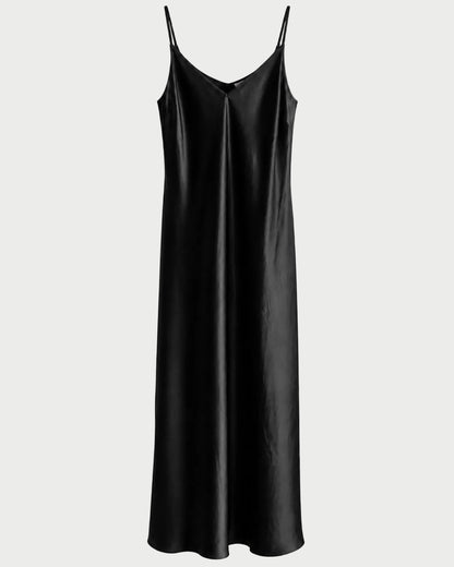 A black satin slip dress with thin spaghetti straps and a V-neckline, shown against a plain white background.