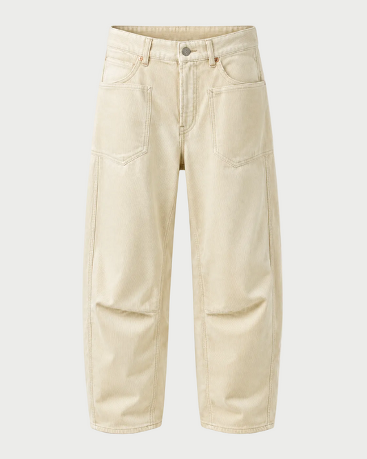 A pair of wide-leg, straight-cut jeans in a light beige or cream denim wash, shown against a plain light gray background.