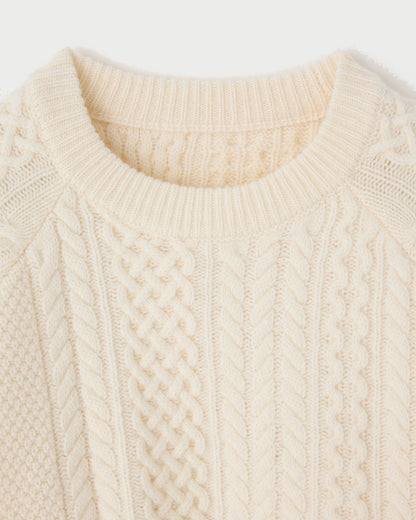 Cream-colored Moussy Panel Cable Pullover featuring vertical panels and rib-knit trim at the neckline.
