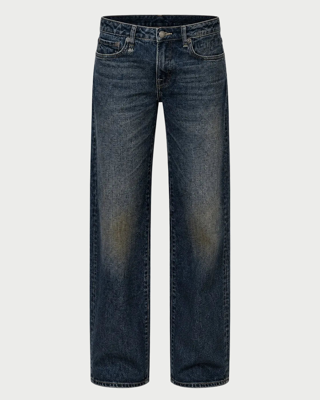A pair of dark blue wide-leg jeans with a faded wash on the front thighs, shown flat against a light gray background.