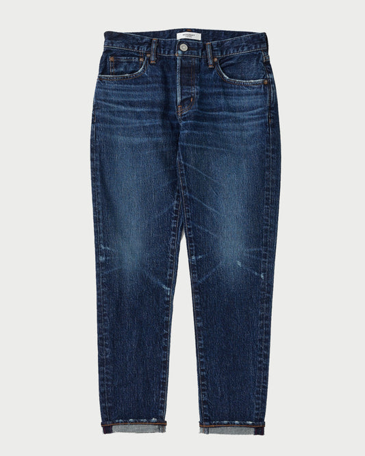 Moussy Carroll Tapered Jean in dark blue stretch denim with a button fly and cuffed hems.