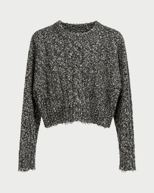 A cropped, long-sleeve knit sweater with a marled black and white texture, displayed on a clean white background.