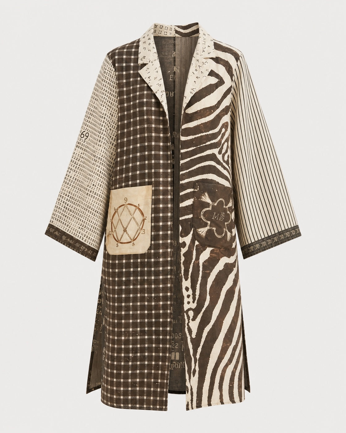 The ME369 Nova Kimono Dress by ME369 features a long silhouette with mixed-pattern brown and beige sections, highlighted by an array of graphic prints including plaid, polka dots, stripes, zebra print, and grid designs. The front is embellished with decorative square and round patches and showcases a unique illustrated lion motif for added visual flair. The dress is finished with a collar and three-quarter sleeves.