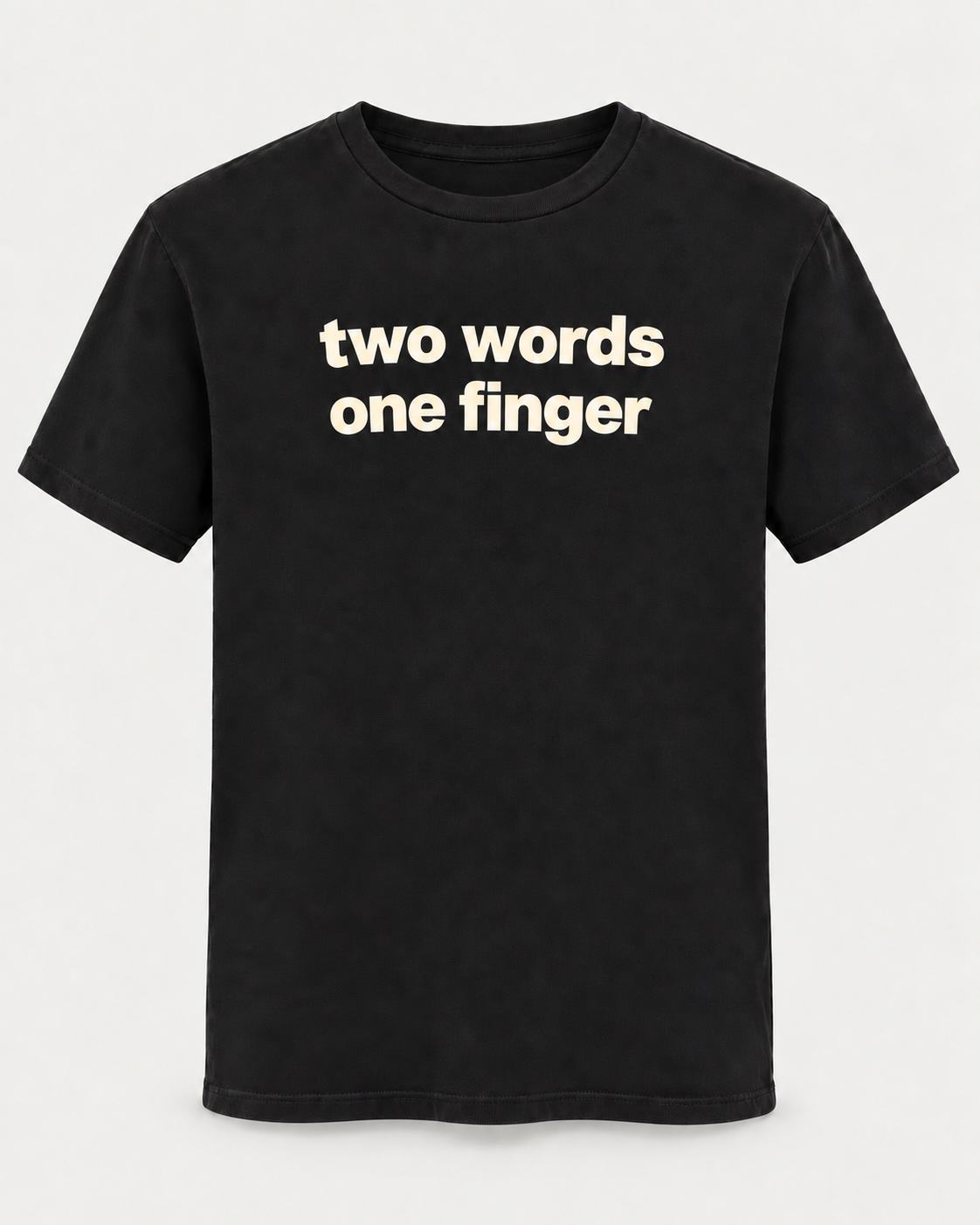 The R13 Two Words One Finger Tee features bold white lettering across the front stating “two words one finger.” Designed by R13, this vintage-inspired graphic tee offers a relaxed fit that combines bold attitude with effortless comfort.