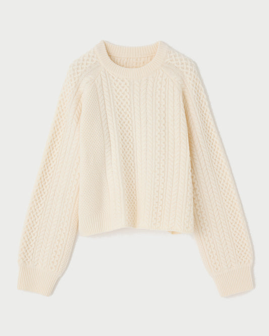 Cream-colored Moussy Panel Cable Pullover featuring panels of cable knit and textured stitch patterns.
