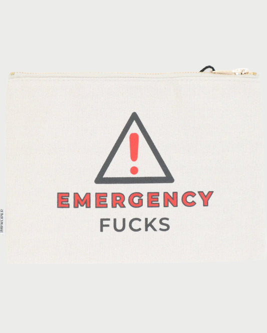 The beige Canvas Pouch by Properly Improper features a warning triangle above bold red and black "EMERGENCY FUCKS" text, a gold satin interior, and a zip closure for durability and style.