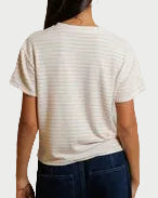 Person wearing a white striped shirt and dark blue jeans standing against a plain white background