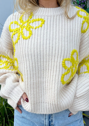 Essentiel Antwerp cream and yellow chunky knit sweater at WEST in Westport Ct