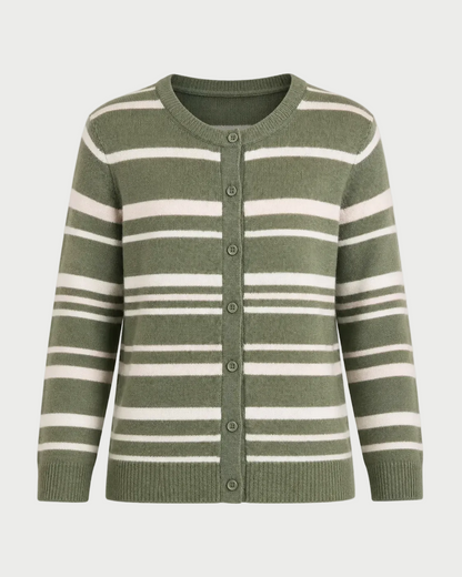 An olive green and cream striped cardigan sweater with a button-up front, displayed on a neutral light gray background.