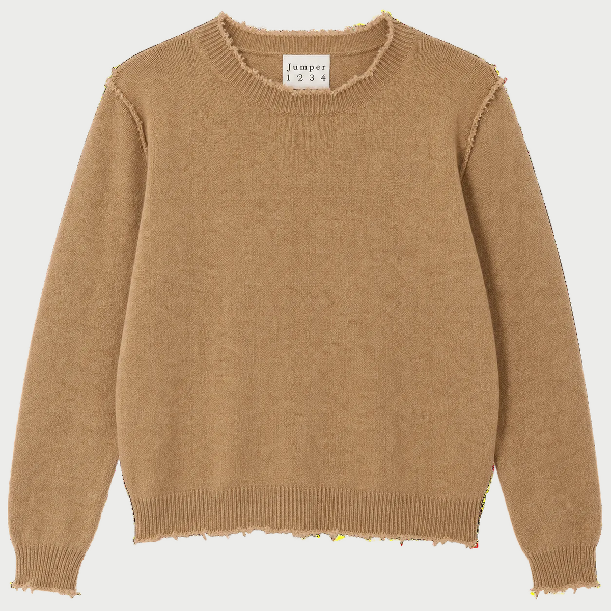 A camel-colored knit sweater with a raw, frayed hem and sleeve cuffs, shown flat against a white background. The neck label reads 'Jumper 1 2 3 4'.