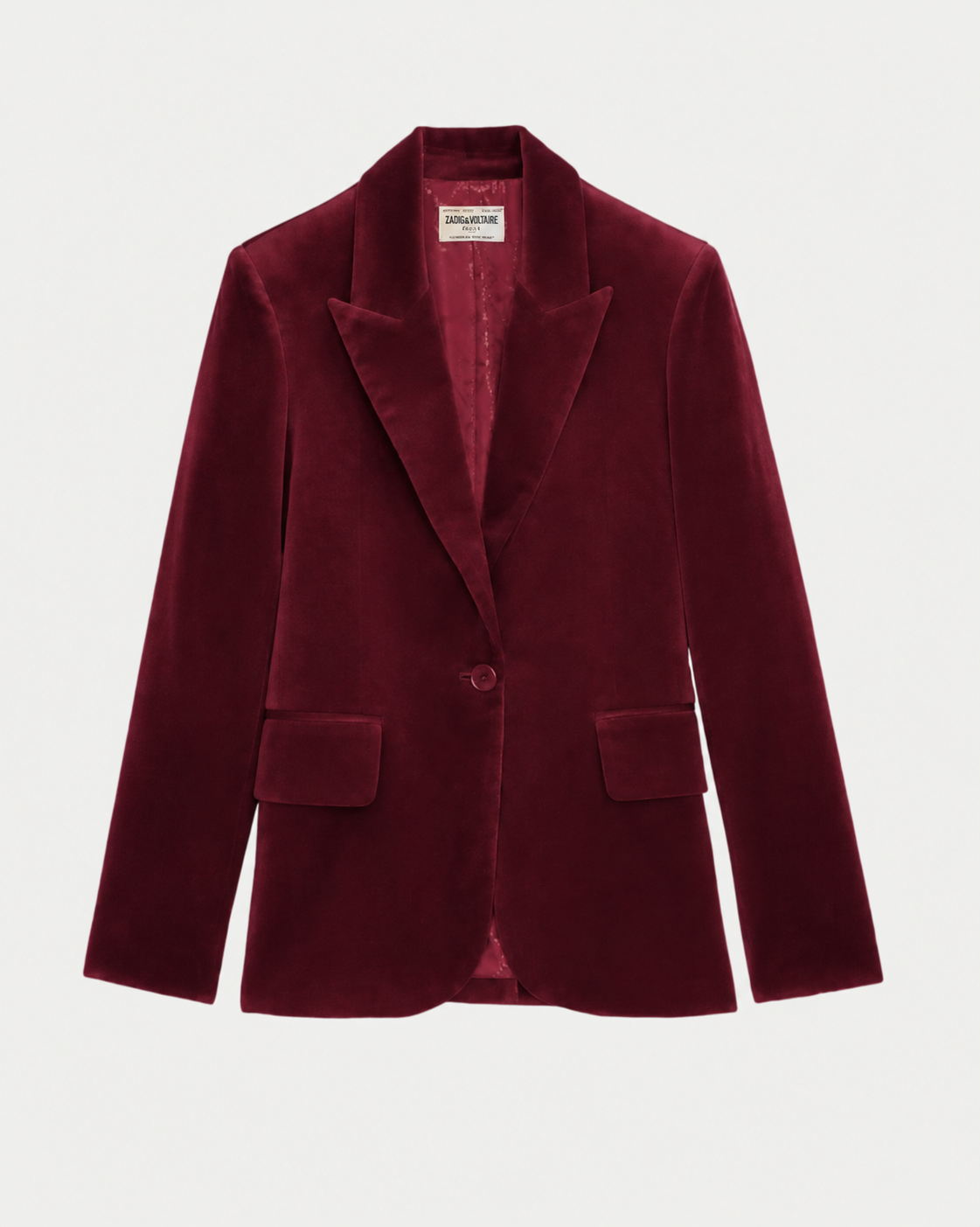 The Zadig & Voltaire Vavy Velvet Blazer is a single-breasted, deep burgundy cotton velvet blazer featuring notched lapels, a front button closure, and two flap pockets, shown against a plain white background.