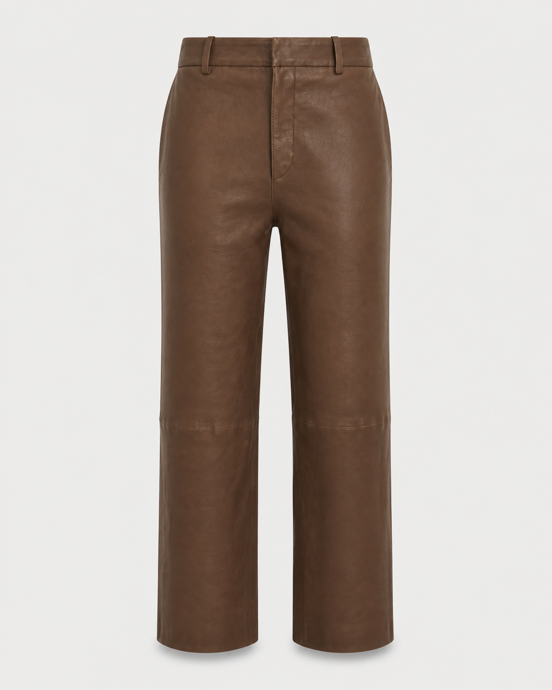 SPRWMN Cropped Trousers in Truffle, crafted from eco-friendly French lambskin leather in a rich brown hue, feature belt loops, a front fly closure, and subtle knee seam detailing. Shown against a plain white background. From SPRWMN.